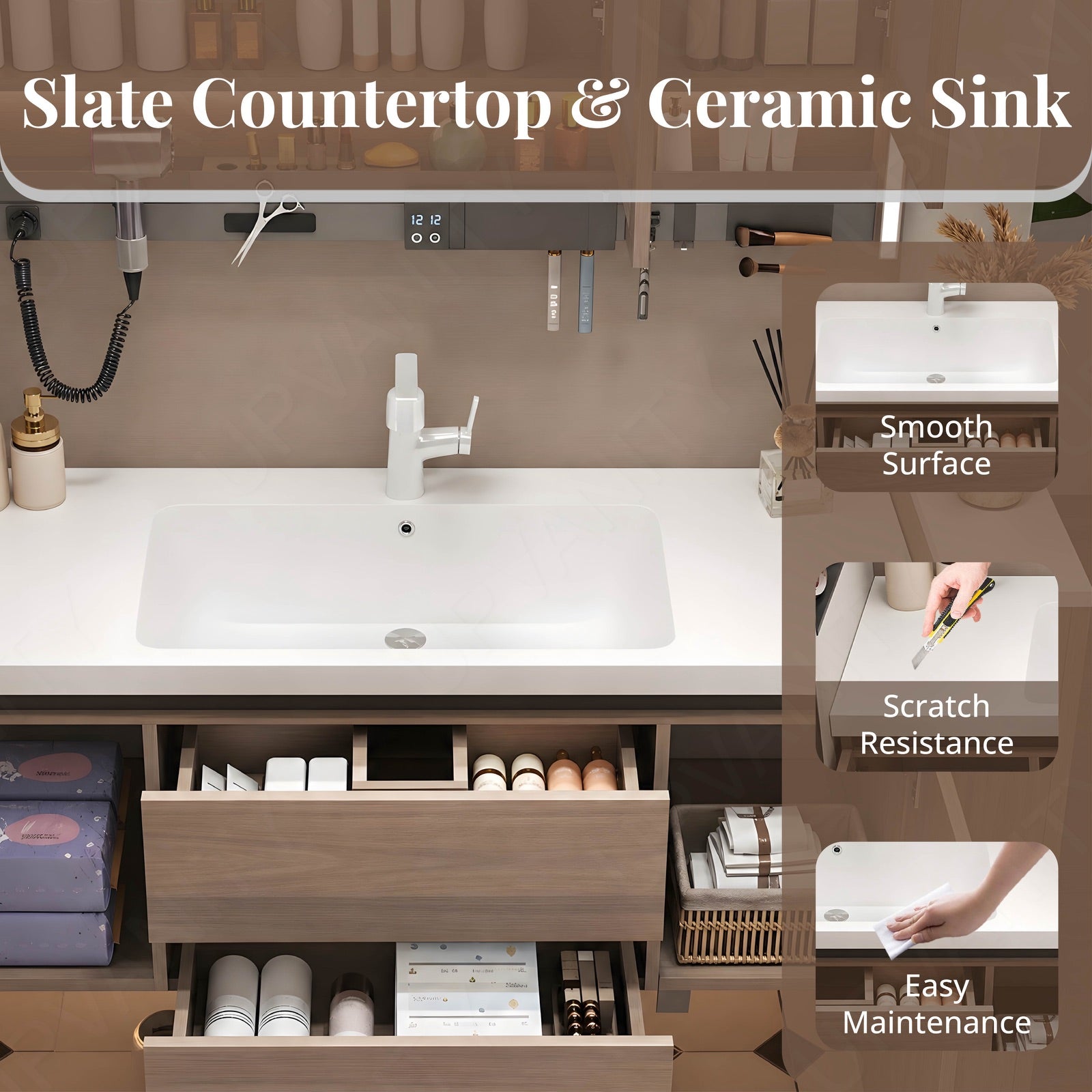 Modern Bath Vanity Set, Brown, White Slate Top, 44"-64", Single, Floating, Smart LED Mirror, Rear Cabinet, Storage Rack