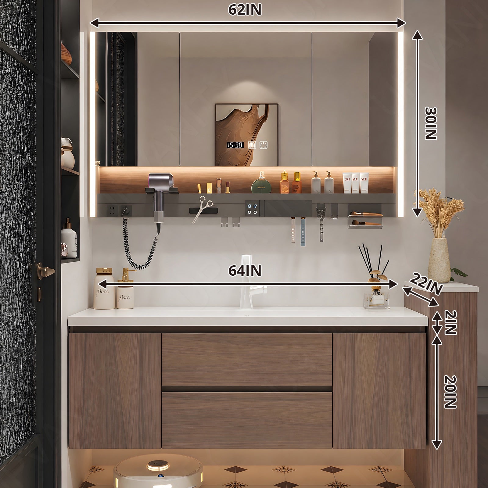 Modern Bath Vanity Set, Brown, White Slate Top, 44"-64", Single, Floating, Smart LED Mirror, Rear Cabinet, Storage Rack