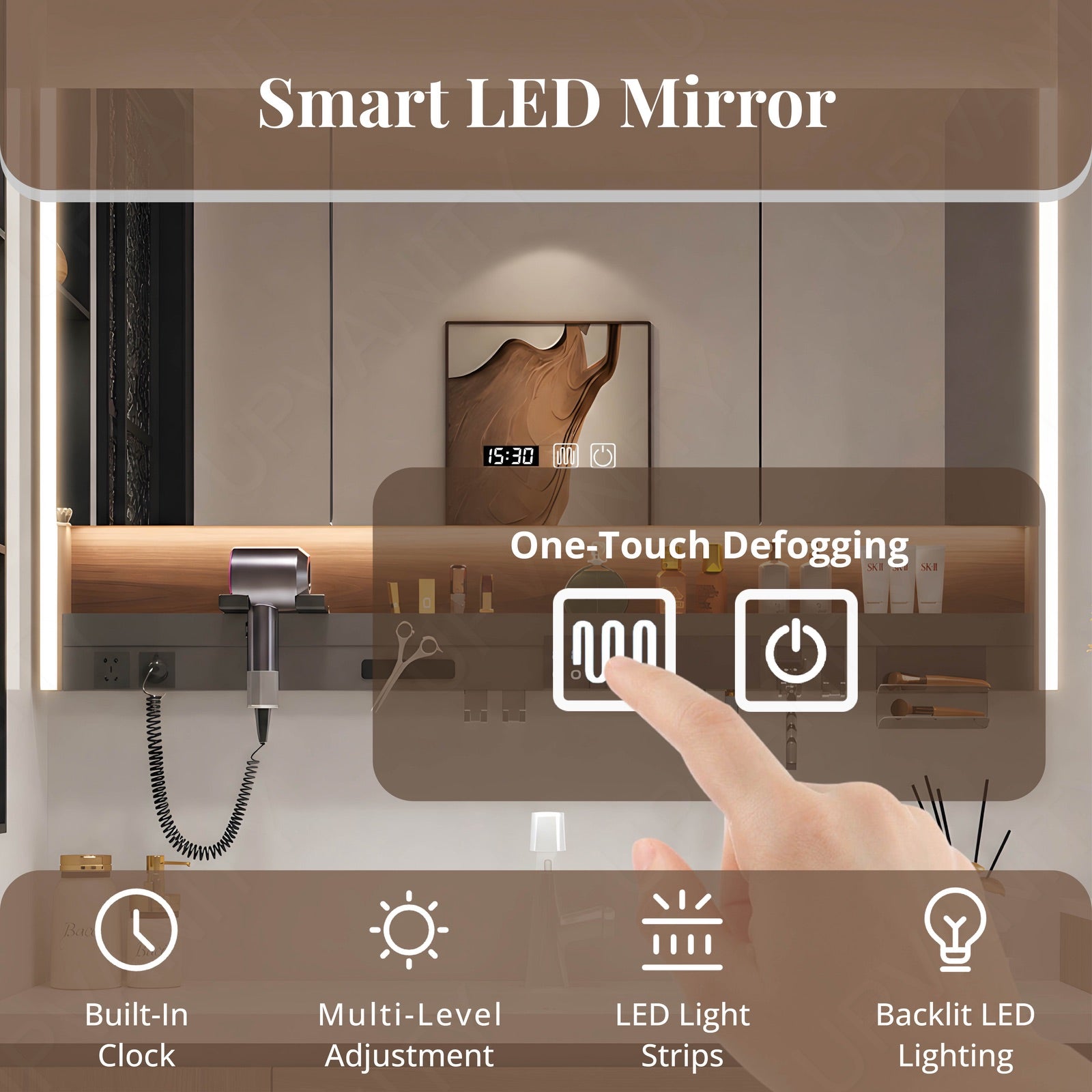 Modern Bath Vanity Set, Brown, White Slate Top, 44"-64", Single, Floating, Smart LED Mirror, Rear Cabinet, Storage Rack