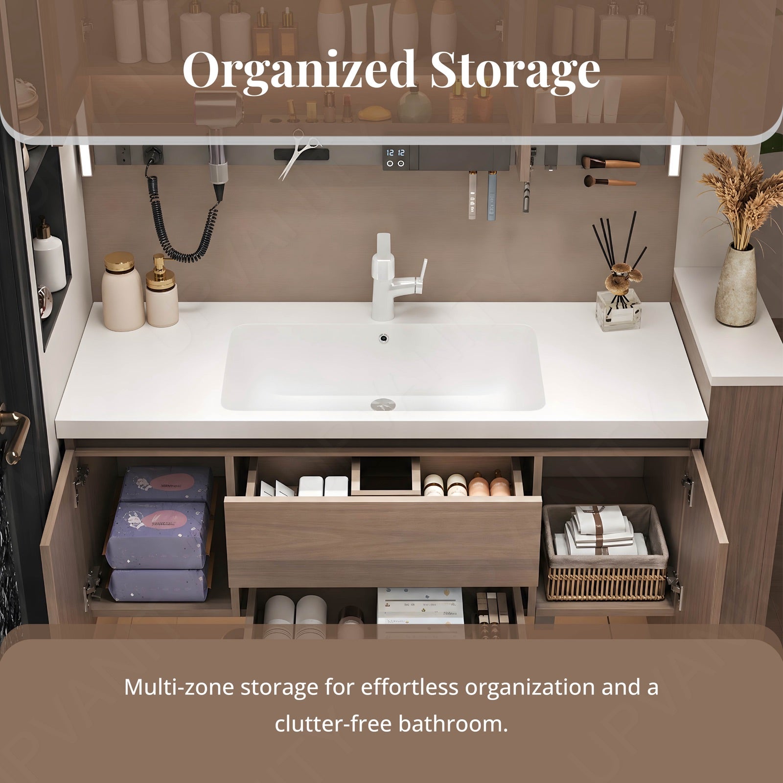 Modern Bath Vanity Set, Brown, White Slate Top, 44"-64", Single, Floating, Smart LED Mirror, Rear Cabinet, Storage Rack