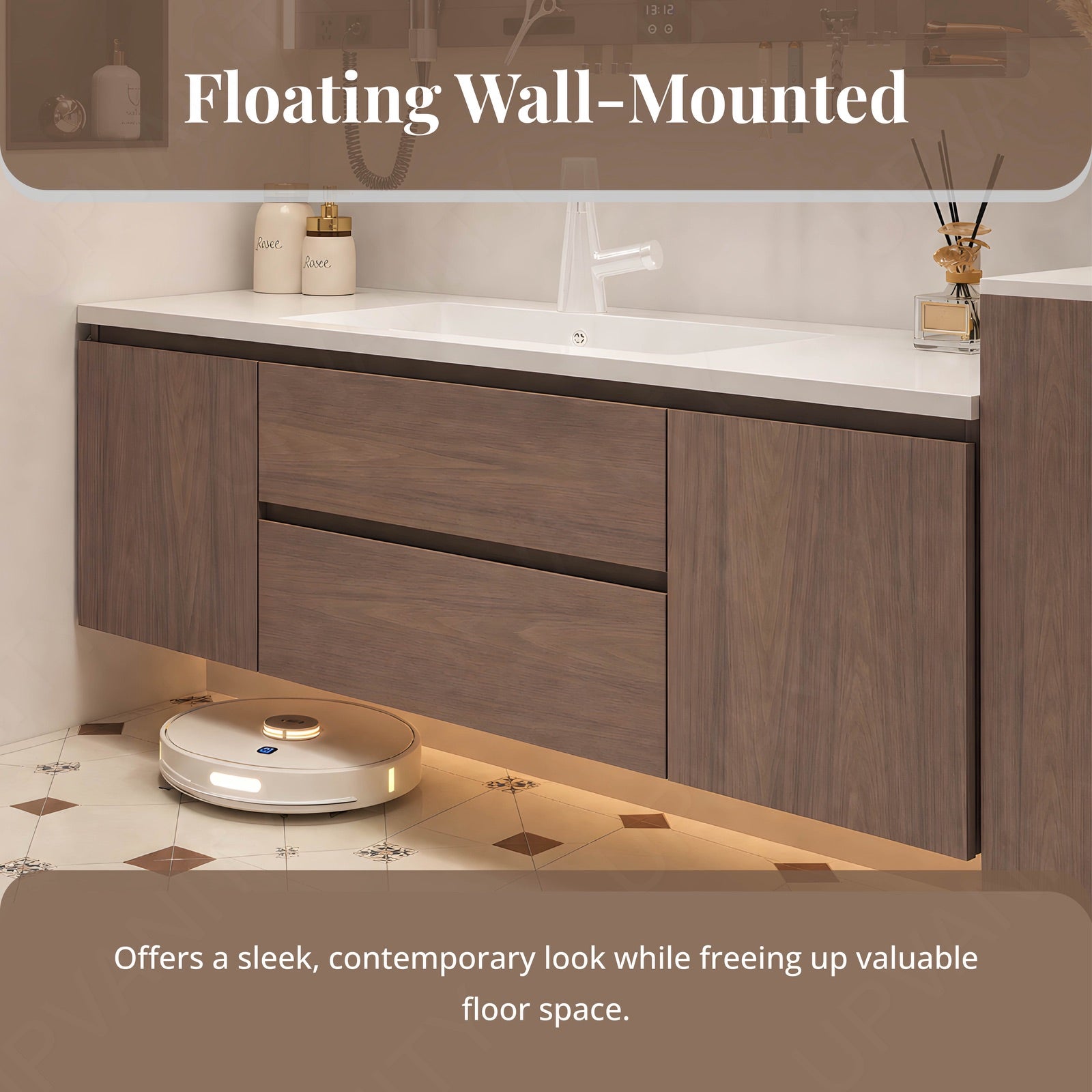 Modern Bath Vanity Set, Brown, White Slate Top, 44"-64", Single, Floating, Smart LED Mirror, Rear Cabinet, Storage Rack