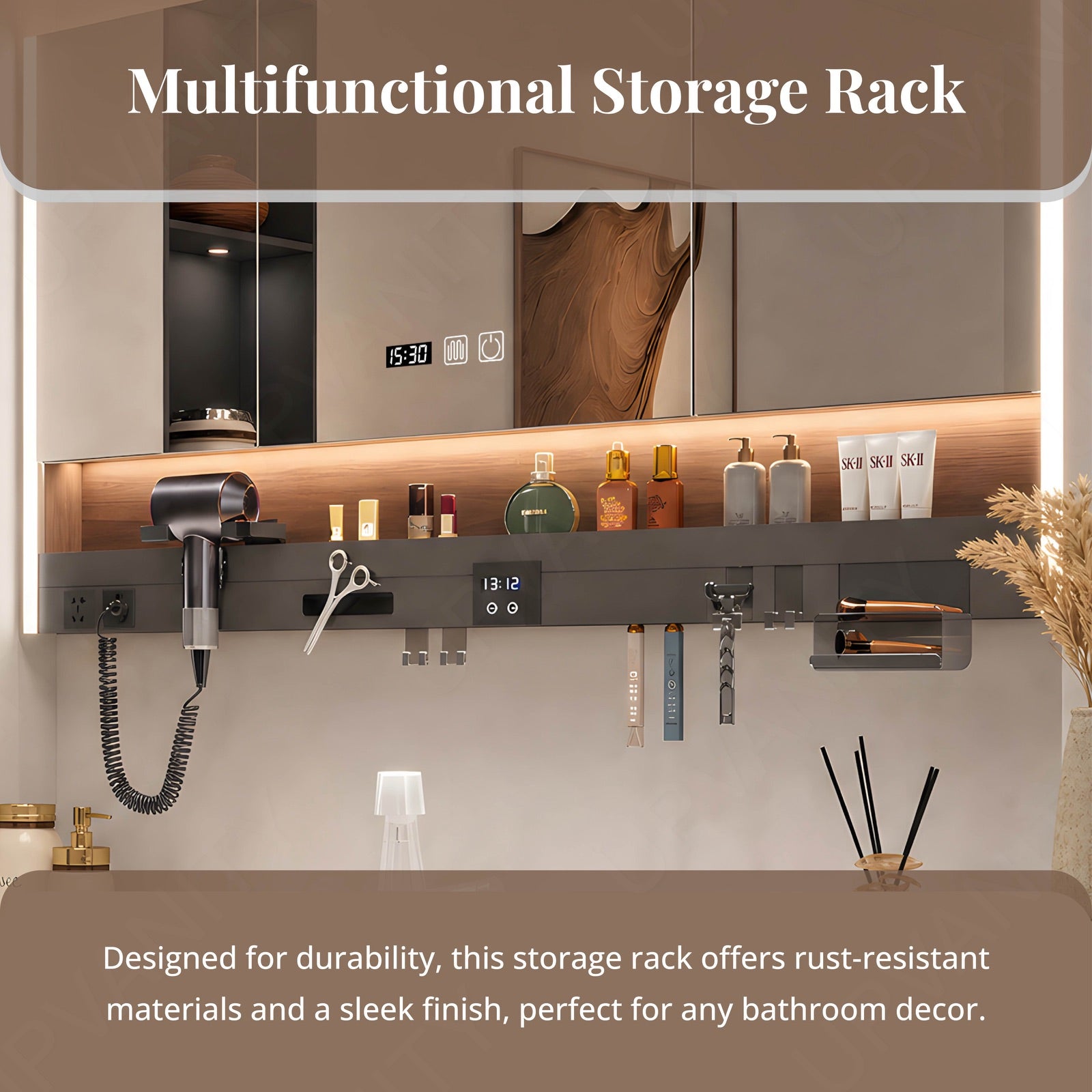 Modern Bath Vanity Set, Brown, White Slate Top, 44"-64", Single, Floating, Smart LED Mirror, Rear Cabinet, Storage Rack