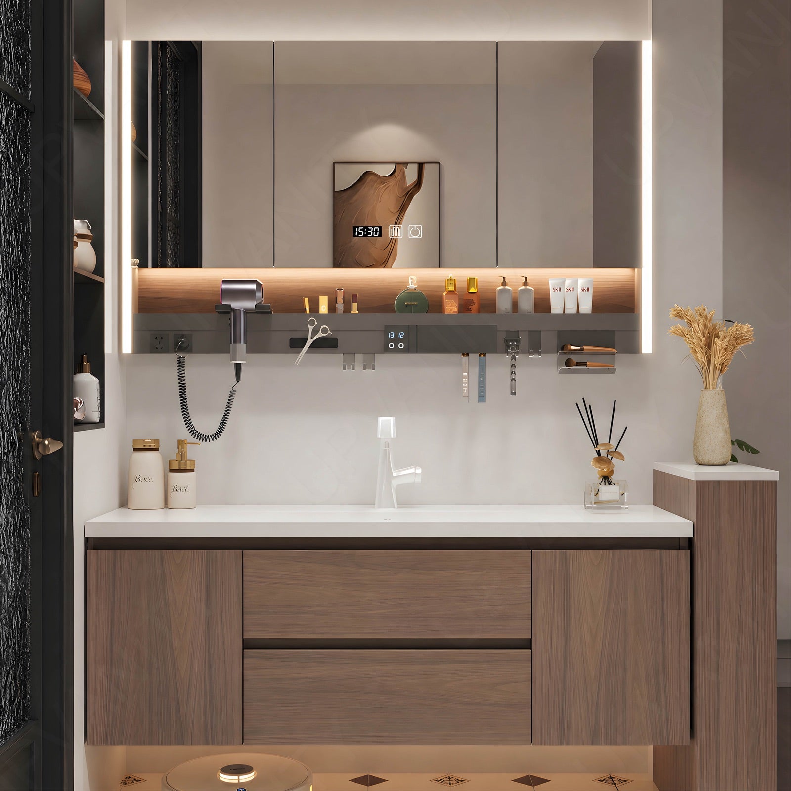 Modern Bath Vanity Set, Brown, White Slate Top, 44"-64", Single, Floating, Smart LED Mirror, Rear Cabinet, Storage Rack