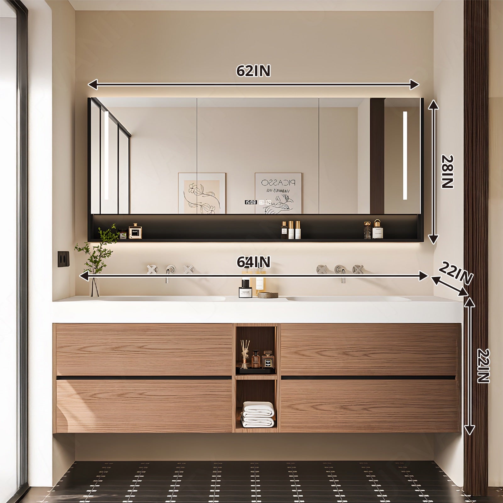 Modern Bath Vanity Set, Brown, White Slate Top, 52"-78", Double, Floating, Open Storage, Smart LED Mirror, Rear Cabinet