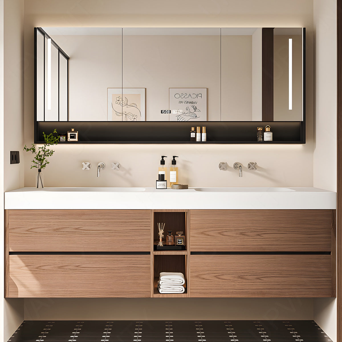 Modern Bath Vanity Set, Brown, White Slate Top, 52"-78", Double, Floating, Open Storage, Smart LED Mirror, Rear Cabinet
