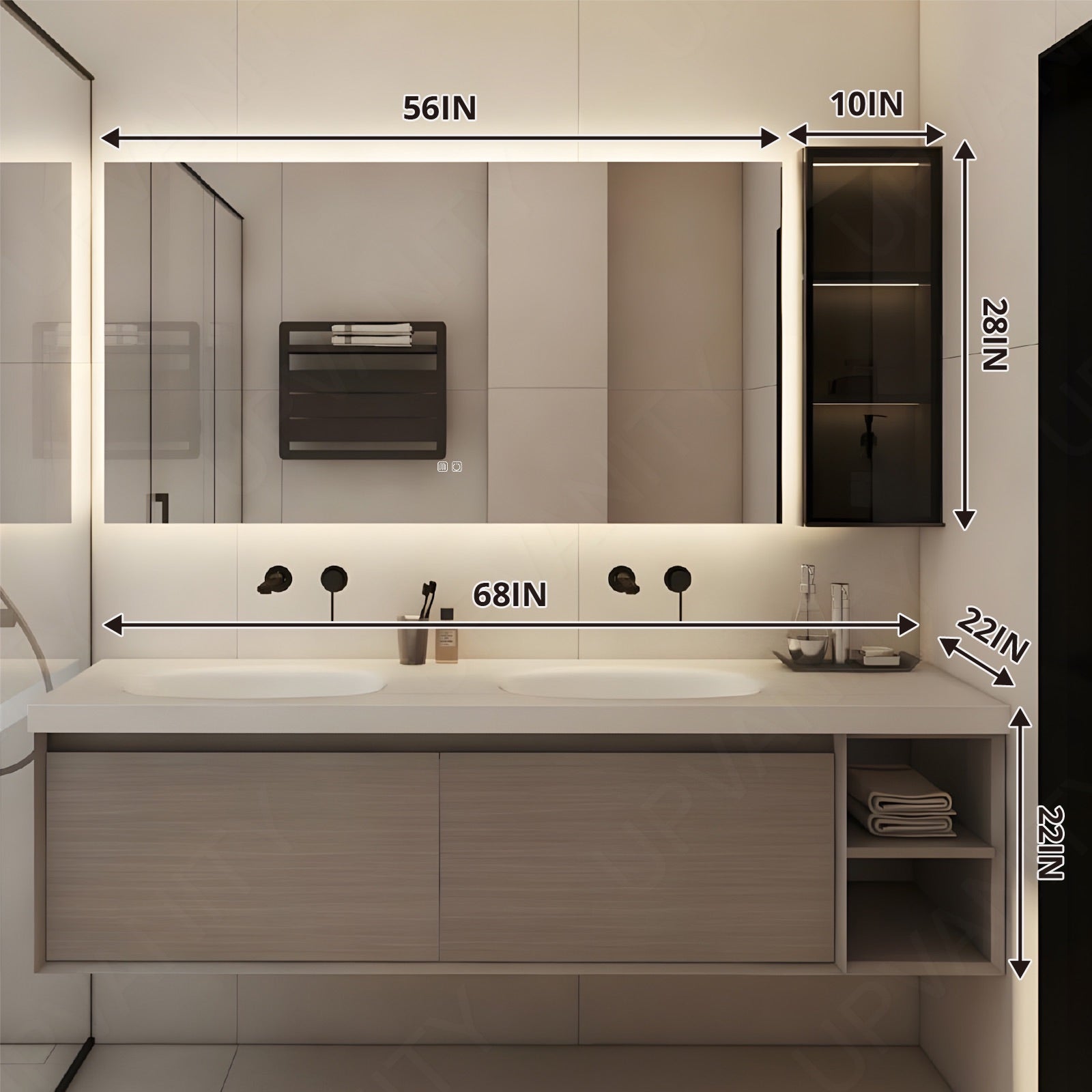 Modern Bath Vanity Set, Brown, White Slate Top, 52"-78", Double, Floating, Smart LED Mirror, Side Cabinet