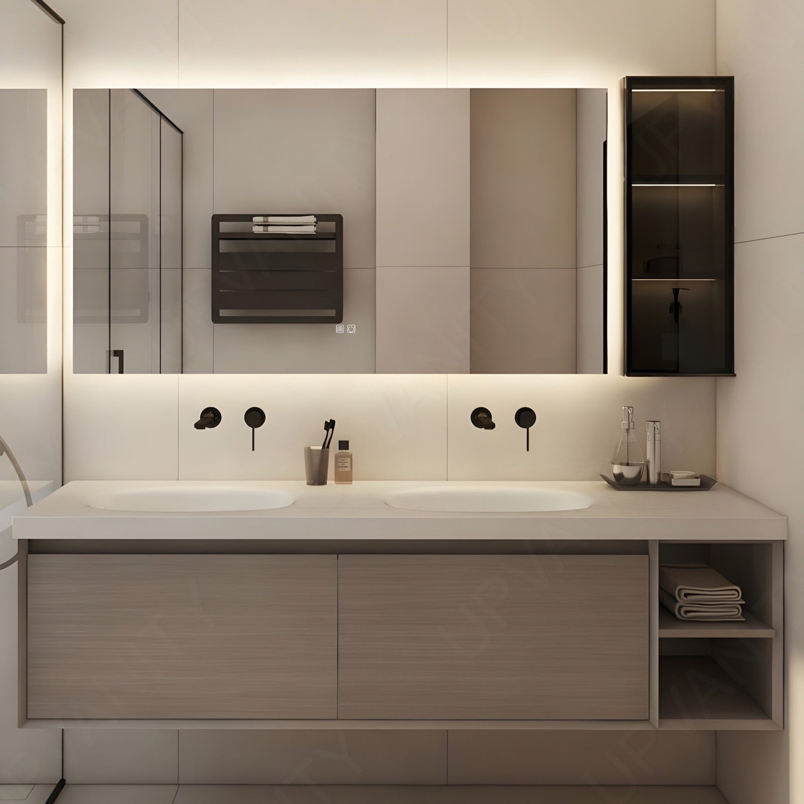 Modern Bath Vanity Set, Brown, White Slate Top, 52"-78", Double, Floating, Smart LED Mirror, Side Cabinet