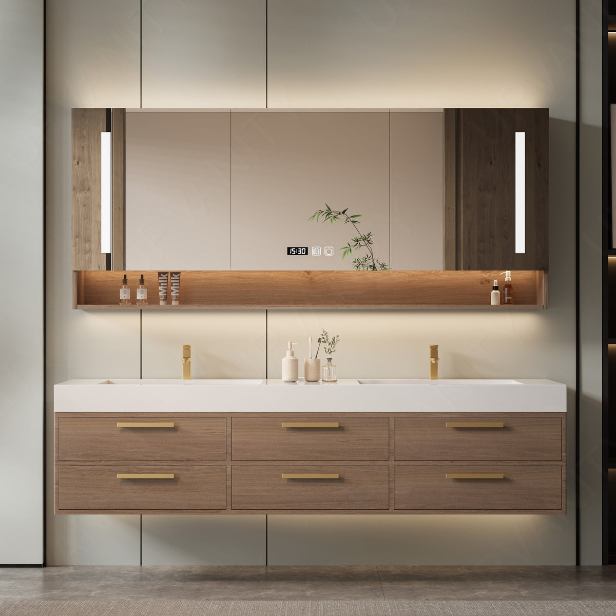 Modern Bath Vanity Set, Brown, White Slate Top, 56"-78", Double, Floating, Gold Accents, Smart LED Mirror, Rear Cabinet