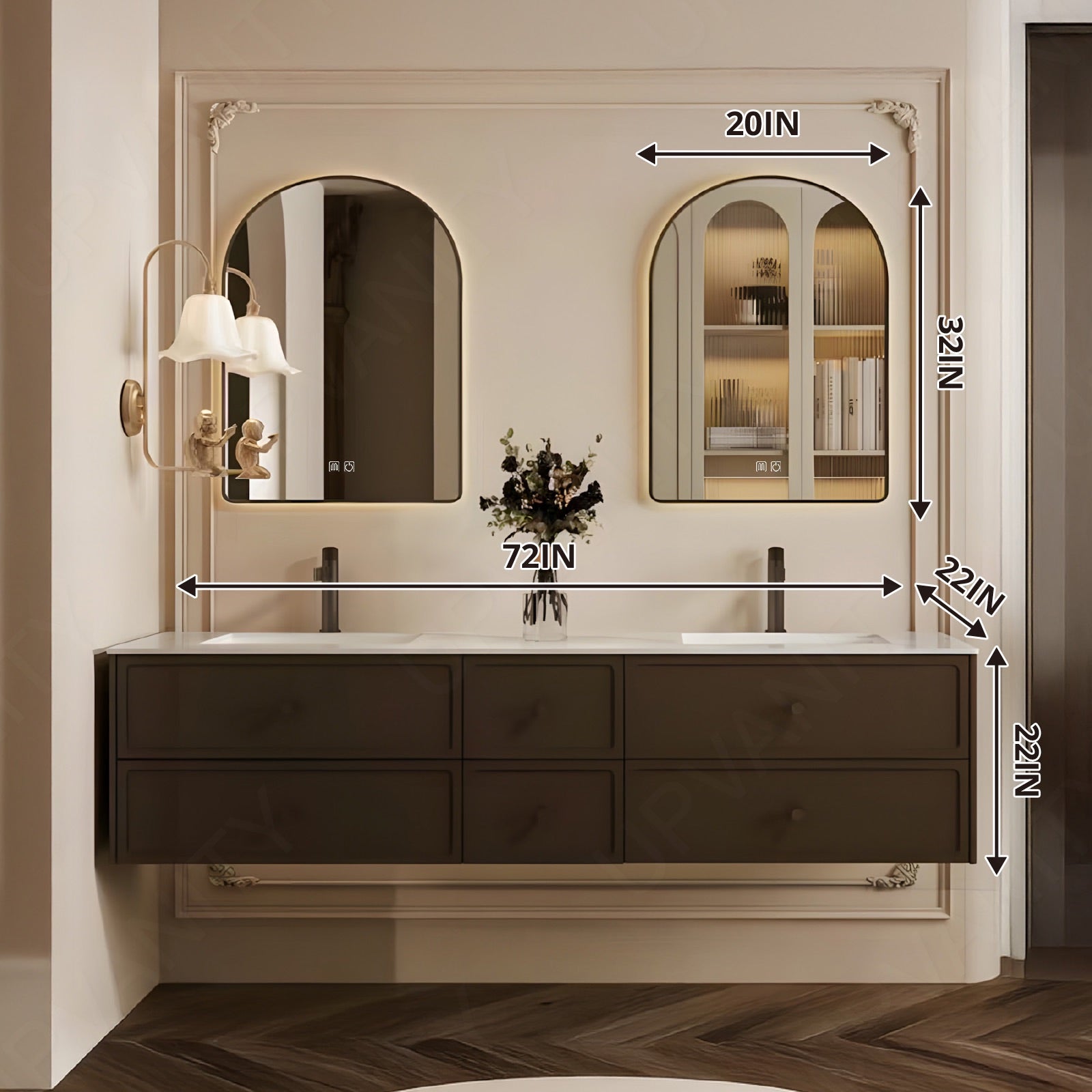 Modern Bath Vanity Set, Brown, White Slate Top, 56"-78", Double, Floating, Sectional Storage, Dual Smart LED Mirror
