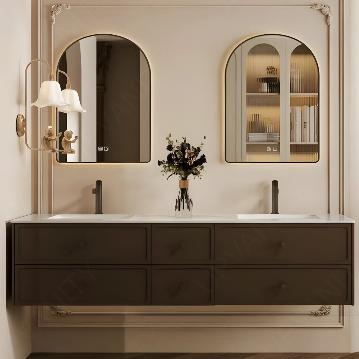 Modern Bath Vanity Set, Brown, White Slate Top, 56"-78", Double, Floating, Sectional Storage, Dual Smart LED Mirror