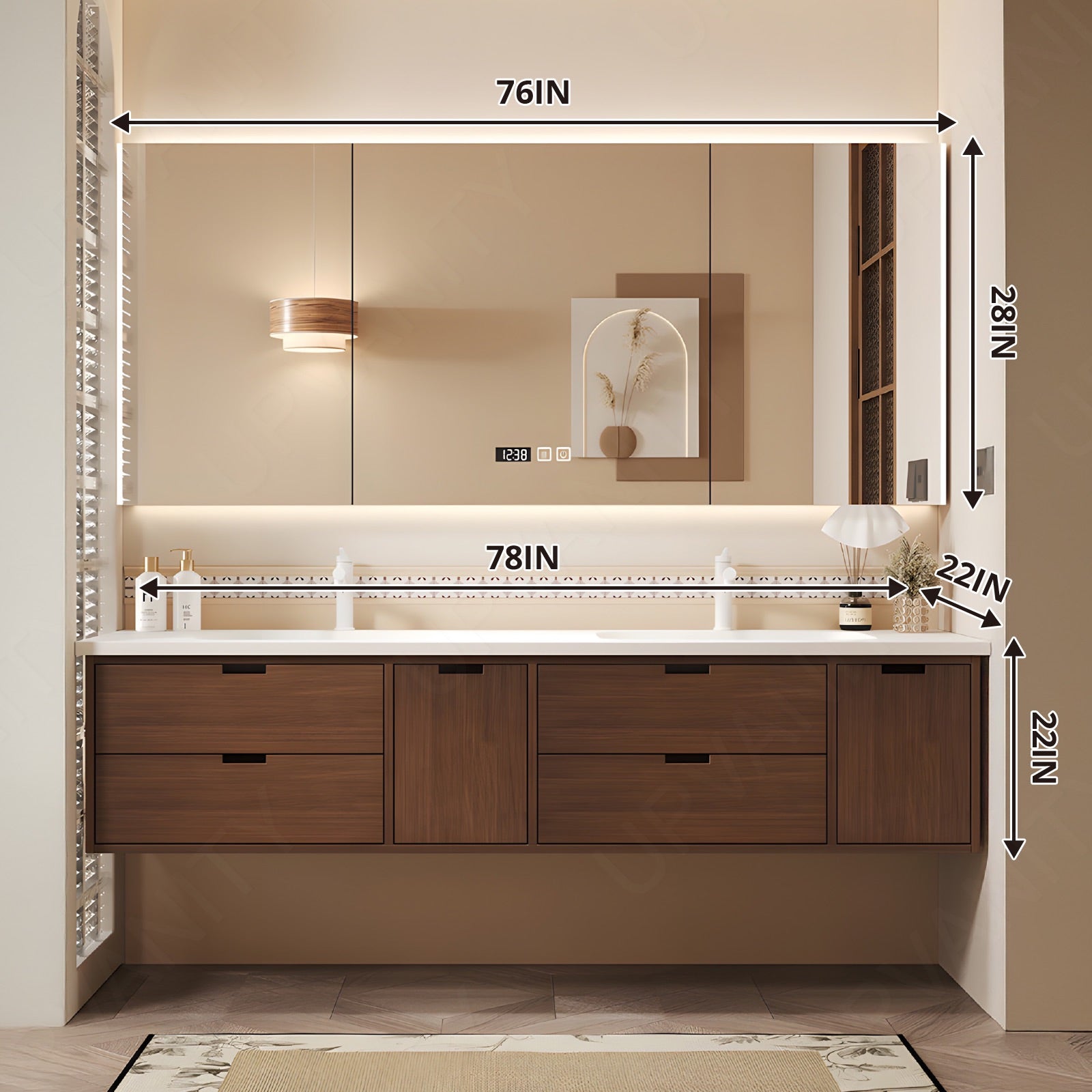 Modern Bath Vanity Set, Brown, White Slate Top, 56"-78", Double, Floating, Sectional Storage, Smart LED Mirror, Rear Cabinet