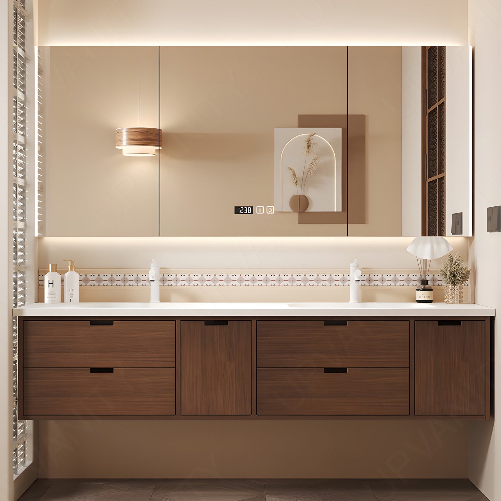 Modern Bath Vanity Set, Brown, White Slate Top, 56"-78", Double, Floating, Sectional Storage, Smart LED Mirror, Rear Cabinet