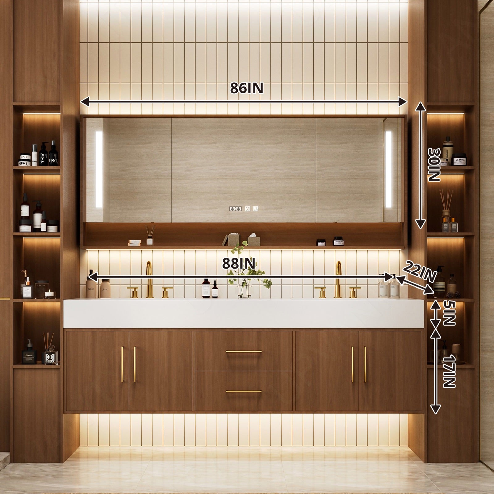 Modern Bath Vanity Set, Brown, White Slate Top, 72"-104", Double, Floating, Gold Accents, Open Storage, Smart LED Mirror, Rear Cabinet