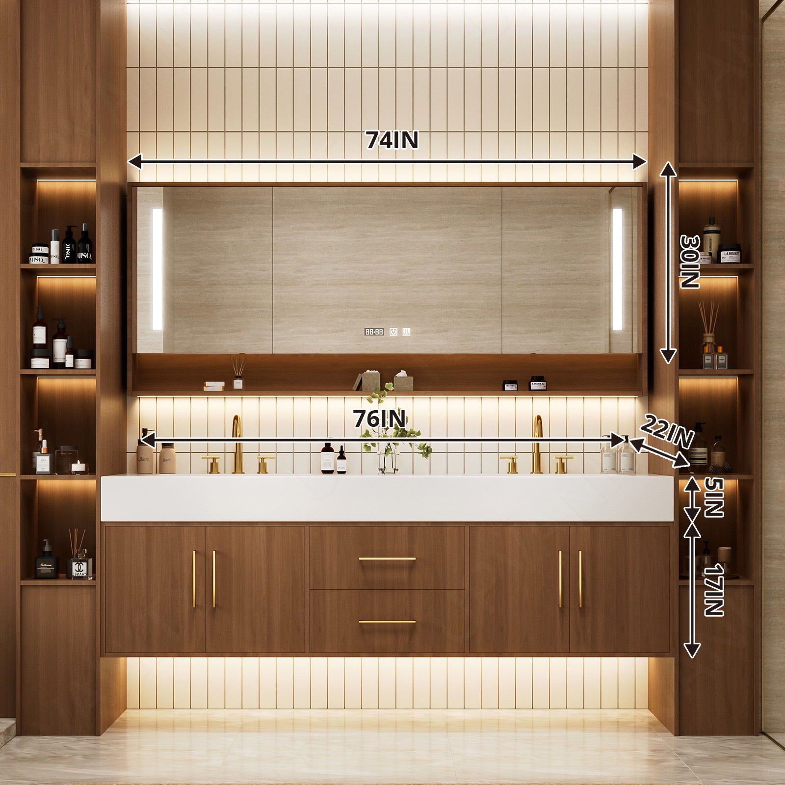 Modern Bath Vanity Set, Brown, White Slate Top, 72"-104", Double, Floating, Gold Accents, Open Storage, Smart LED Mirror, Rear Cabinet