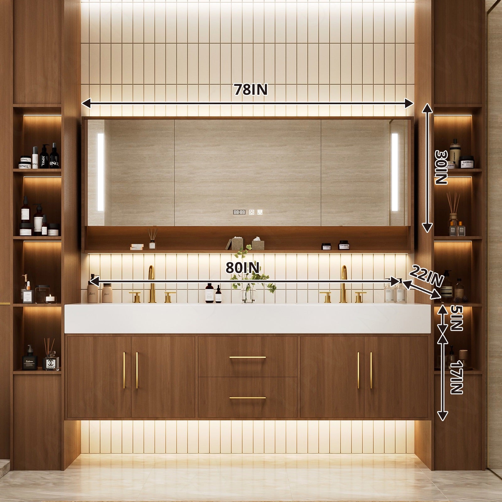 Modern Bath Vanity Set, Brown, White Slate Top, 72"-104", Double, Floating, Gold Accents, Open Storage, Smart LED Mirror, Rear Cabinet