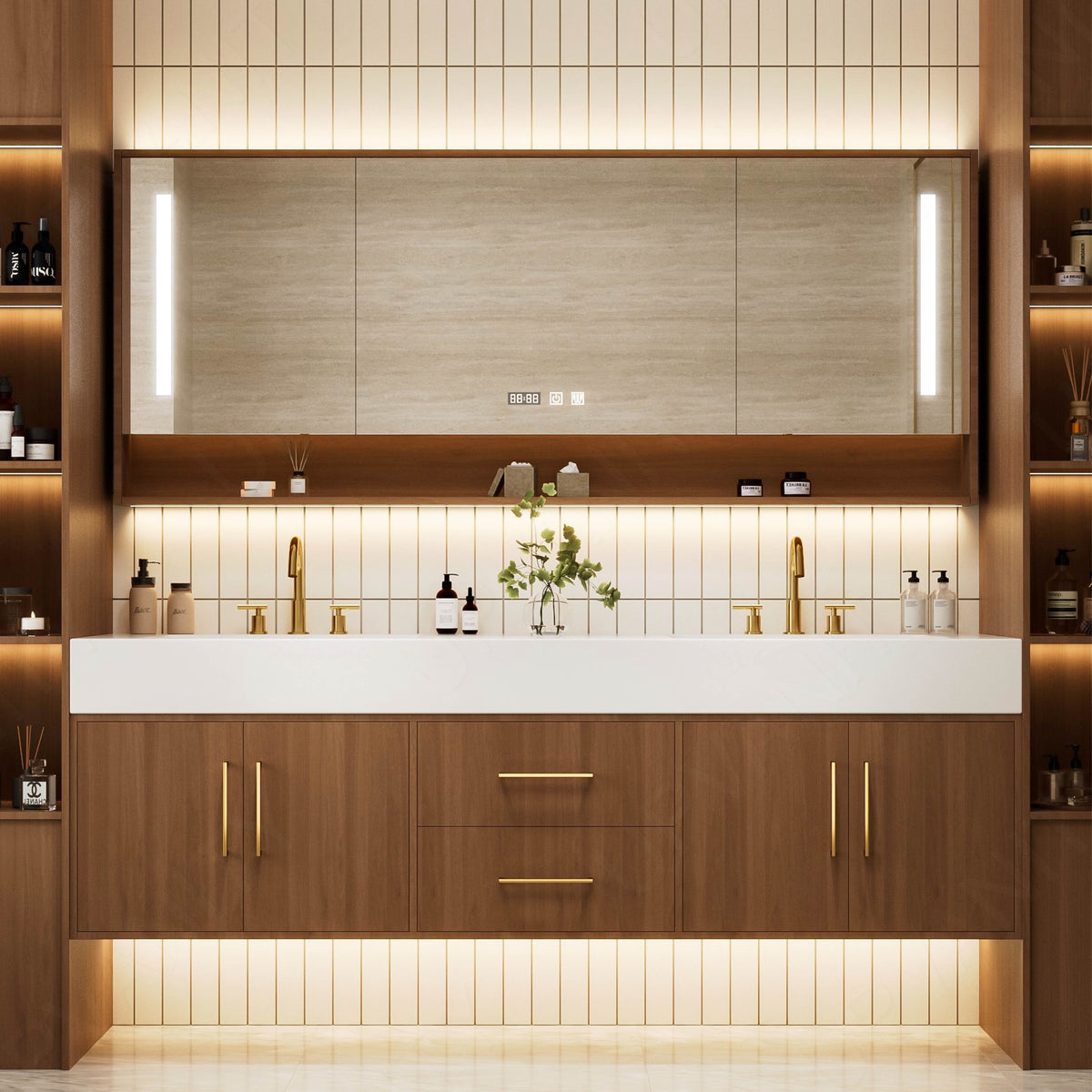 Modern Bath Vanity Set, Brown, White Slate Top, 72"-104", Double, Floating, Gold Accents, Open Storage, Smart LED Mirror, Rear Cabinet