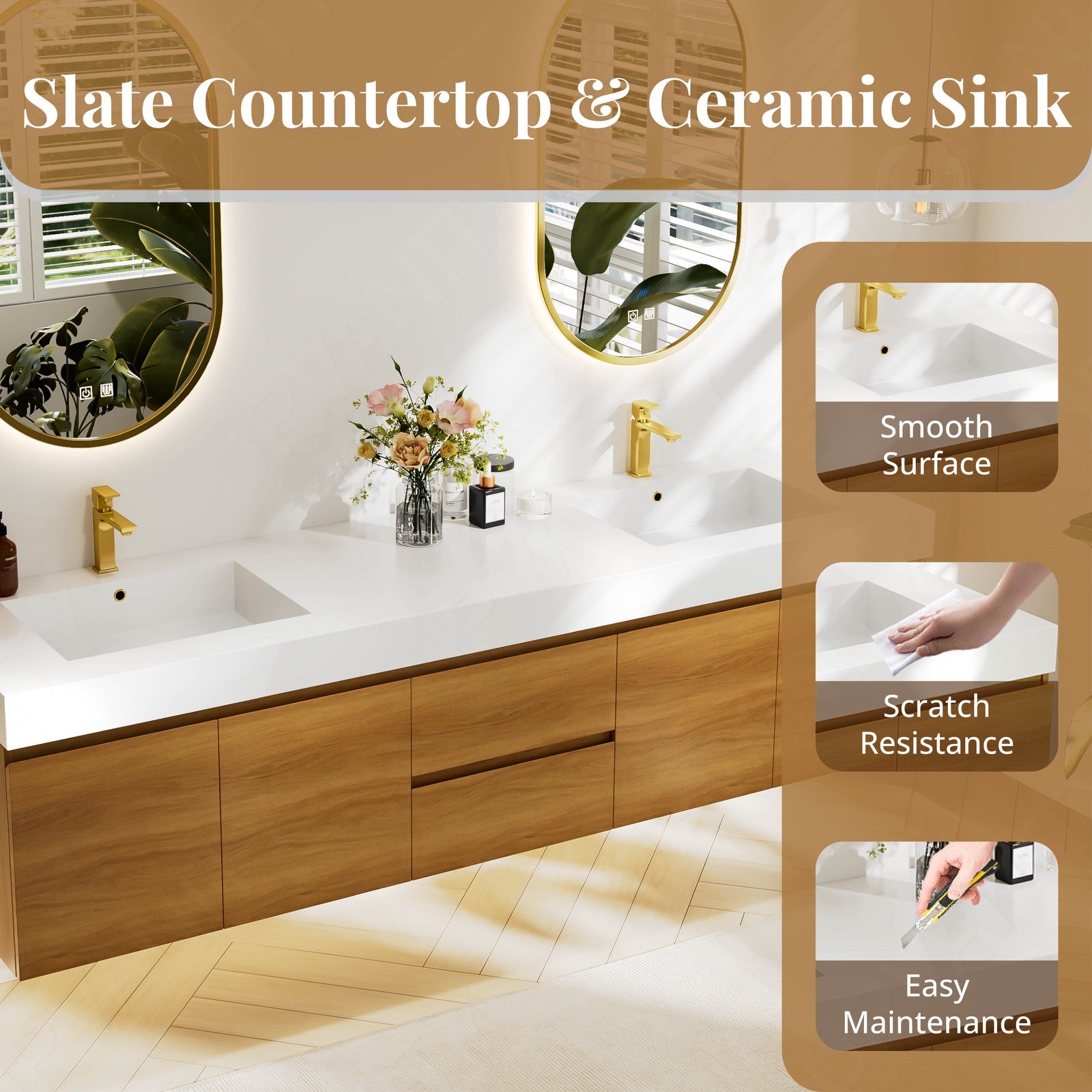 Modern Bath Vanity Set, Brown, White Slate Top, 72"-104", Double, Floating, Gold Accents, Spacious Storage, Dual Smart LED Mirror