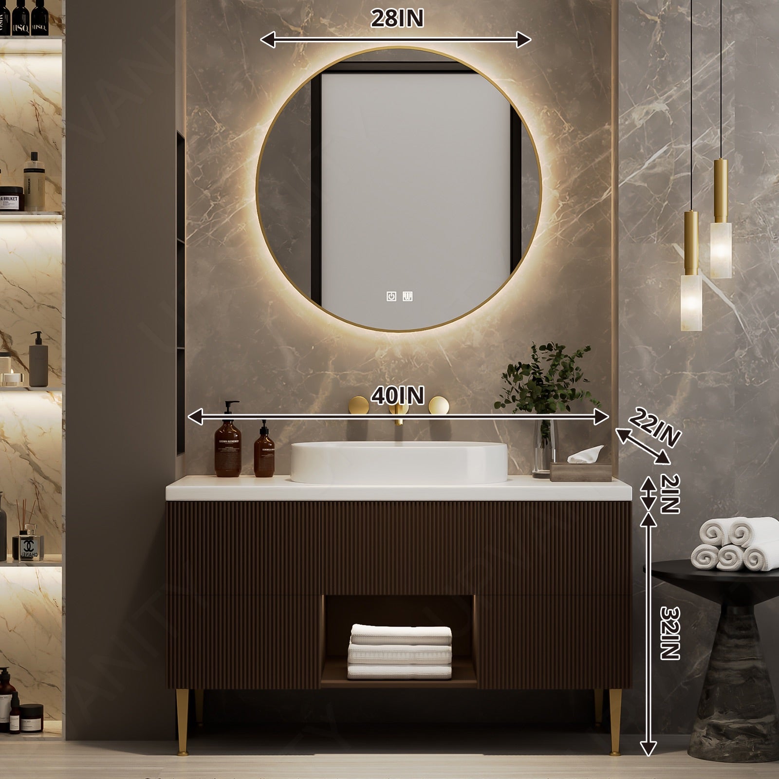 Modern Bath Vanity Set, Brown, White Slate Top, Fluted Panel, 40"-64", Single Vessel Sink, Freestanding, Open Storage, Round Smart LED Mirror