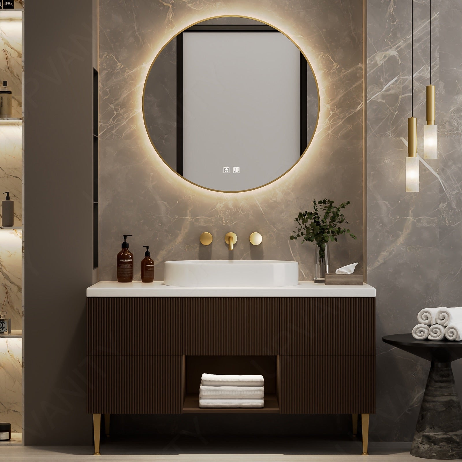 Modern Bath Vanity Set, Brown, White Slate Top, Fluted Panel, 40"-64", Single Vessel Sink, Freestanding, Open Storage, Round Smart LED Mirror