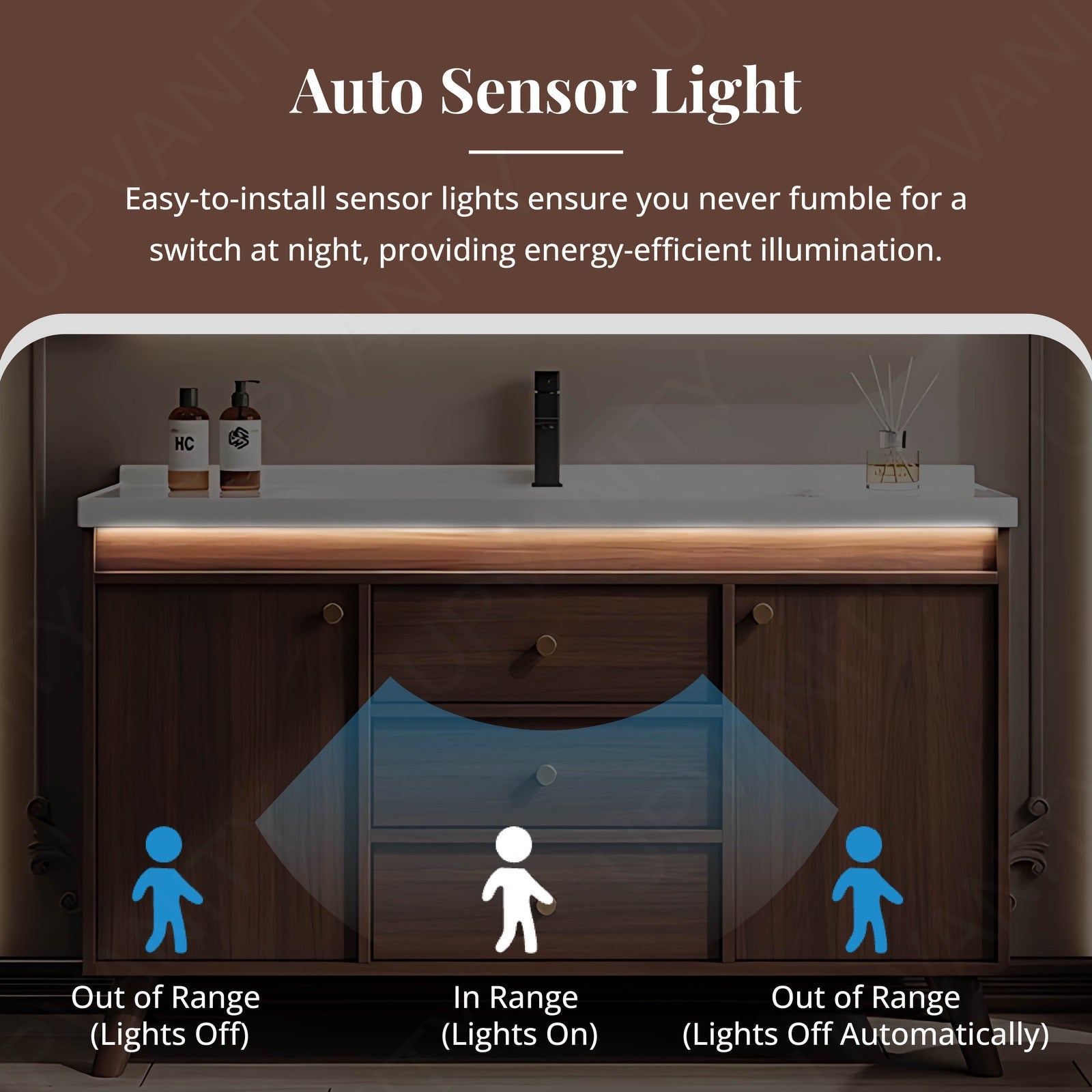 Modern Bath Vanity Set, Brown, White Slate Top, Glass Door, 40"-64", Single, Freestanding, Sensor Light, Smart LED Mirror, Side/Rear Cabinet