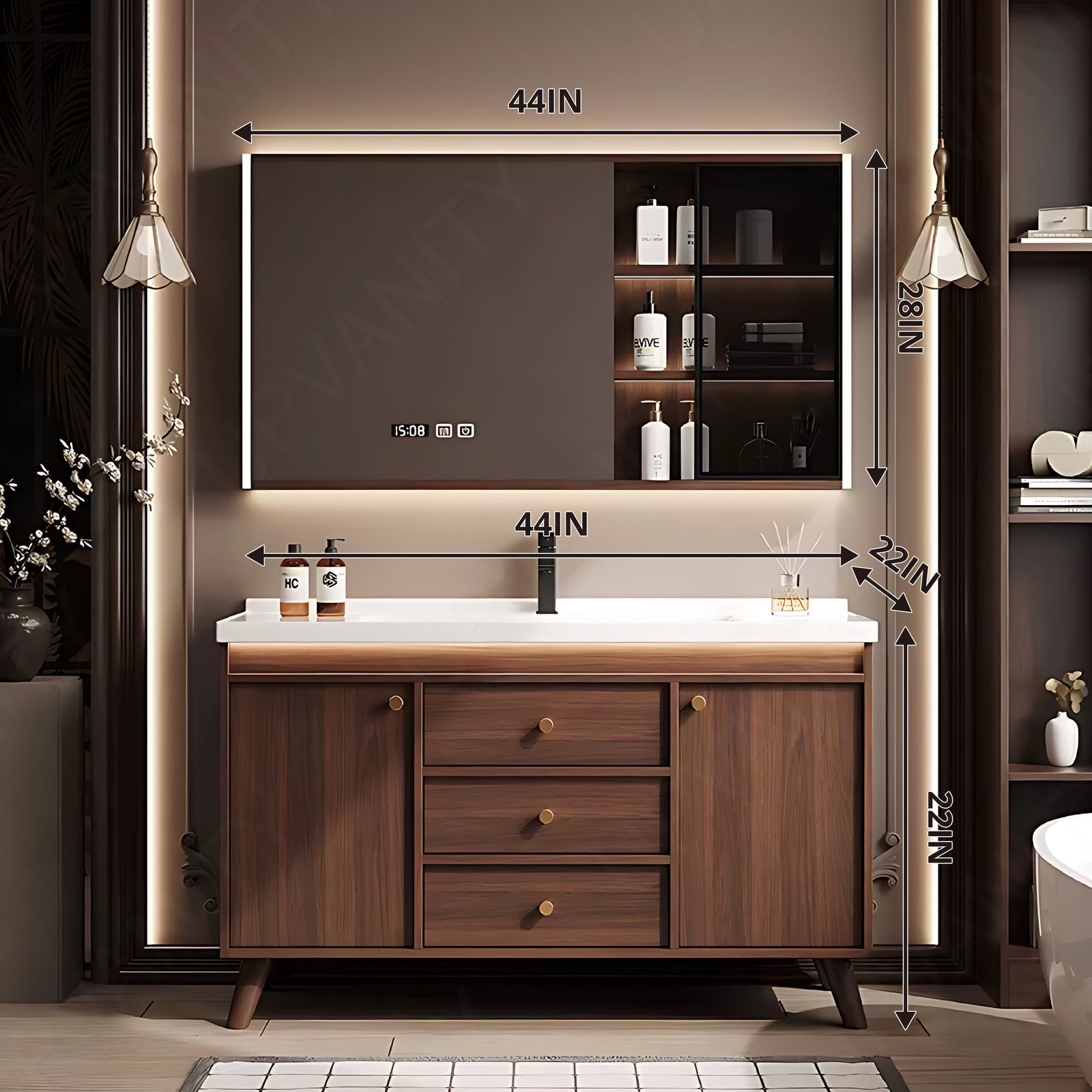 Modern Bath Vanity Set, Brown, White Slate Top, Glass Door, 40"-64", Single, Freestanding, Sensor Light, Smart LED Mirror, Side/Rear Cabinet