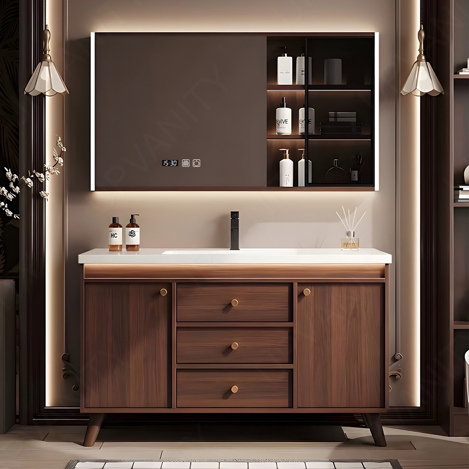 Modern Bath Vanity Set, Brown, White Slate Top, Glass Door, 40"-64", Single, Freestanding, Sensor Light, Smart LED Mirror, Side/Rear Cabinet