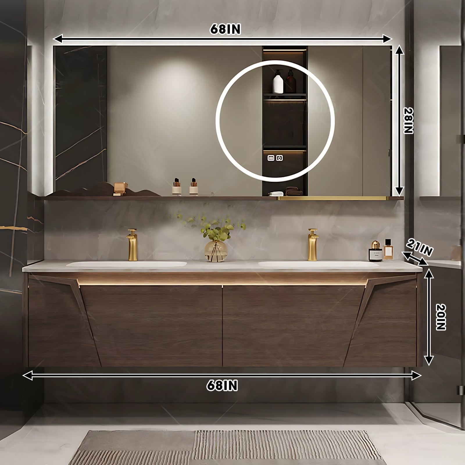 Modern Bath Vanity Set, Brown, White Slate Top, Gold Accents, 52"- 78", Double, Floating, Smart LED Mirror, Sensor Light, Rear/Side Cabinet