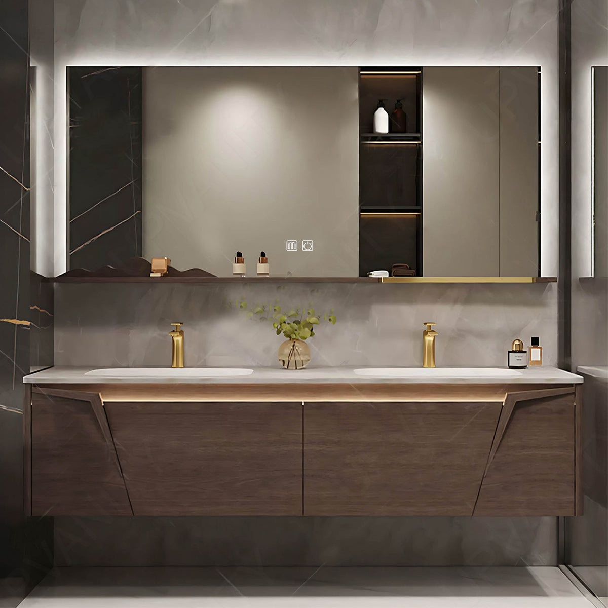 Modern Bath Vanity Set, Brown, White Slate Top, Gold Accents, 52"- 78", Double, Floating, Smart LED Mirror, Sensor Light, Rear/Side Cabinet