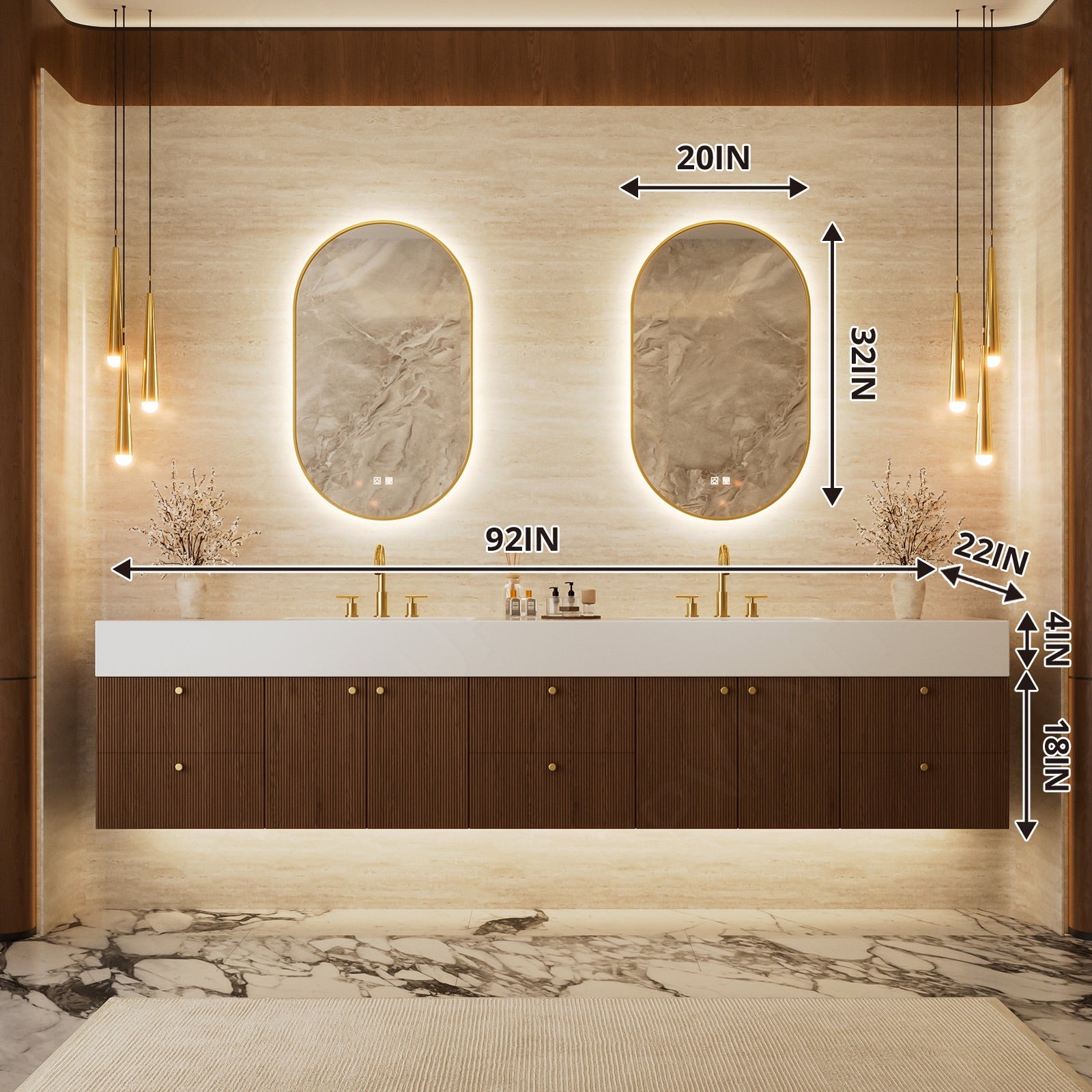 Modern Bath Vanity Set, Brown, White Slate Top, Gold Accents, 72"-104", Double, Floating, Fluted Panel, Dual Oval Smart LED Mirror