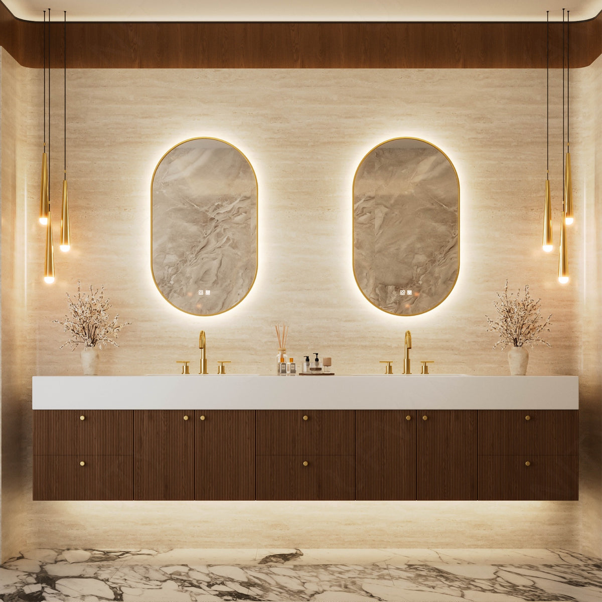 Modern Bath Vanity Set, Brown, White Slate Top, Gold Accents, 72"-104", Double, Floating, Fluted Panel, Dual Oval Smart LED Mirror