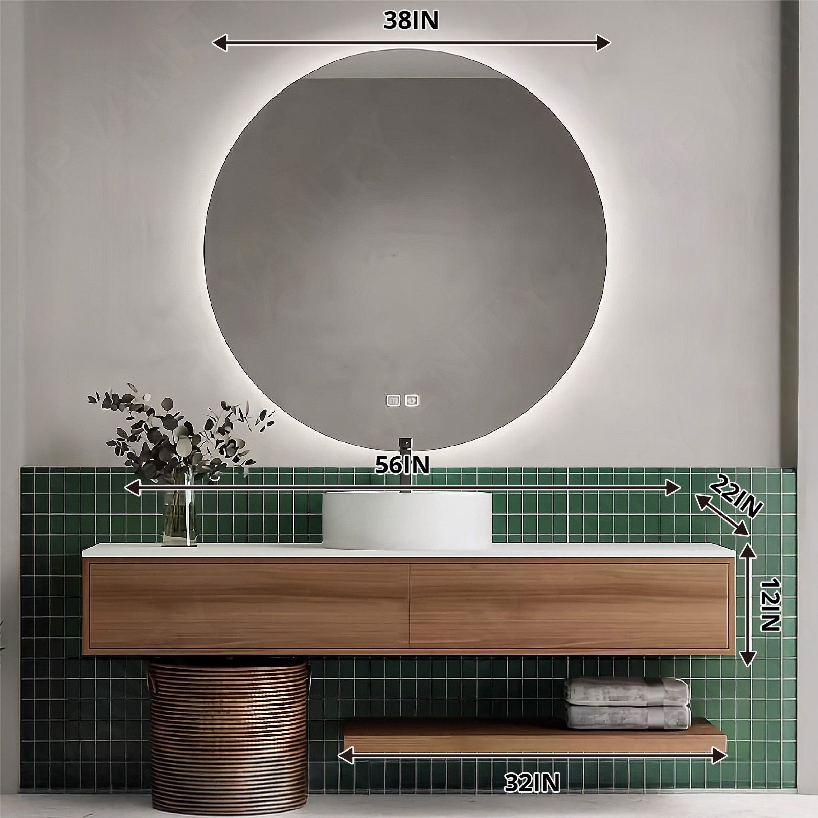 Modern Bath Vanity Set, Brown, White Slate Top, Open Storage, 44"- 68", Single Vessel Sink, Round Smart LED Mirror