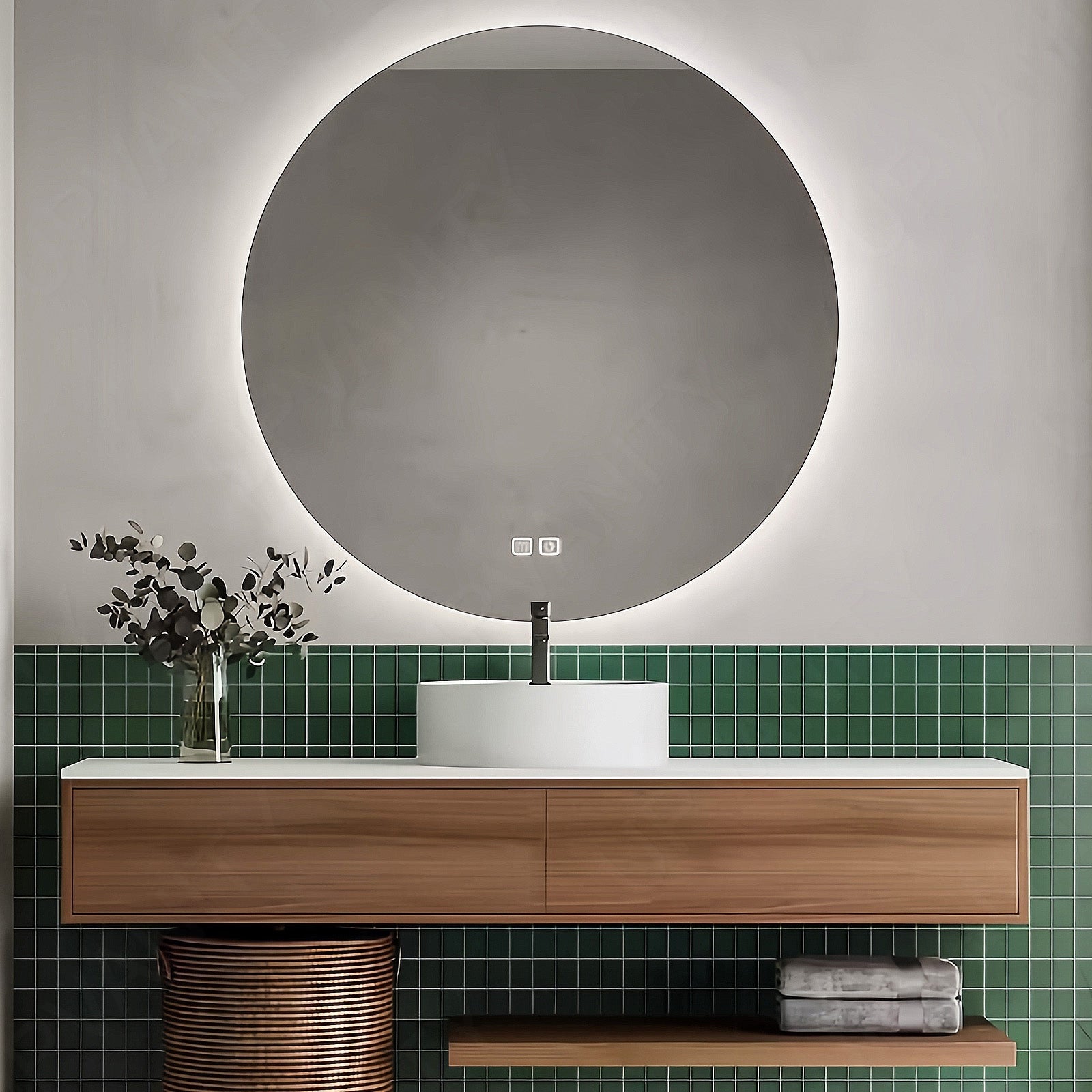 Modern Bath Vanity Set, Brown, White Slate Top, Open Storage, 44"- 68", Single Vessel Sink, Round Smart LED Mirror