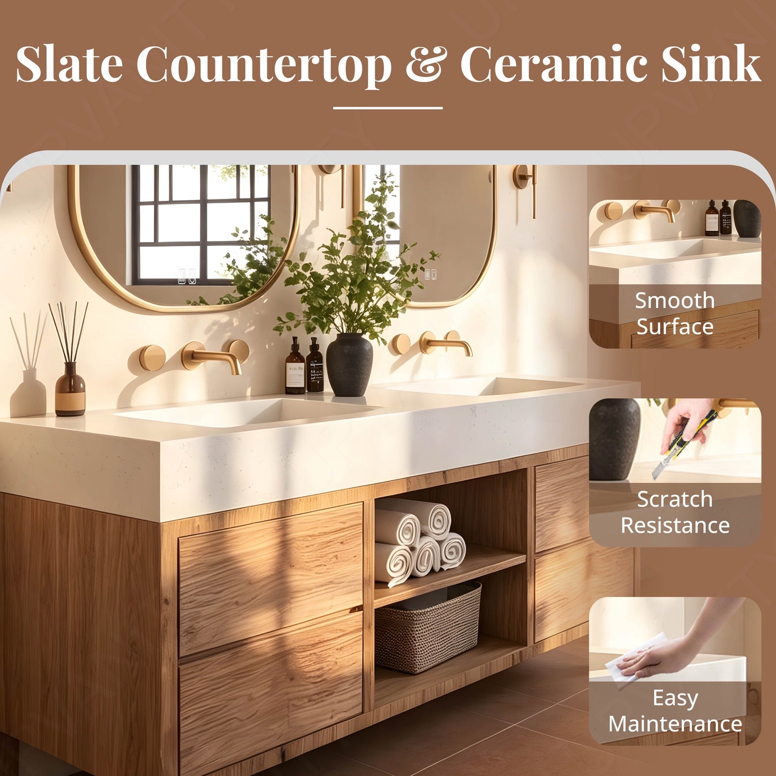 Modern Bath Vanity Set, Brown, White Slate Top, Open Storage, 56"-78", Double, Freestanding, Dual Smart LED Mirror
