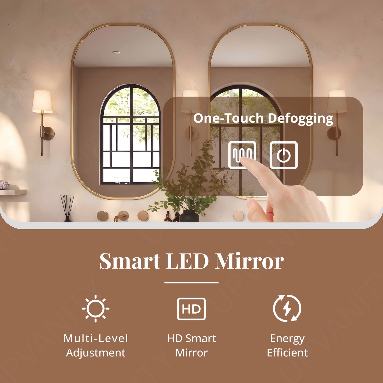 Modern Bath Vanity Set, Brown, White Slate Top, Open Storage, 56"-78", Double, Freestanding, Dual Smart LED Mirror
