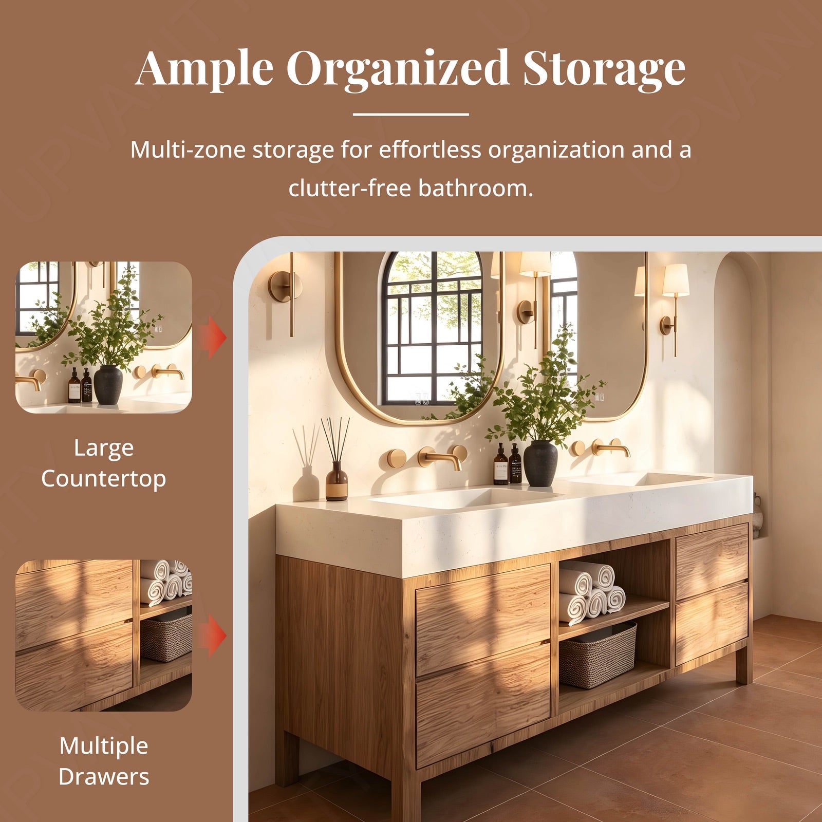 Modern Bath Vanity Set, Brown, White Slate Top, Open Storage, 56"-78", Double, Freestanding, Dual Smart LED Mirror