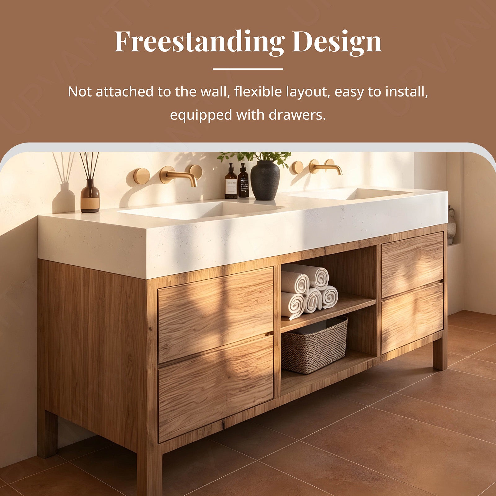 Modern Bath Vanity Set, Brown, White Slate Top, Open Storage, 56"-78", Double, Freestanding, Dual Smart LED Mirror