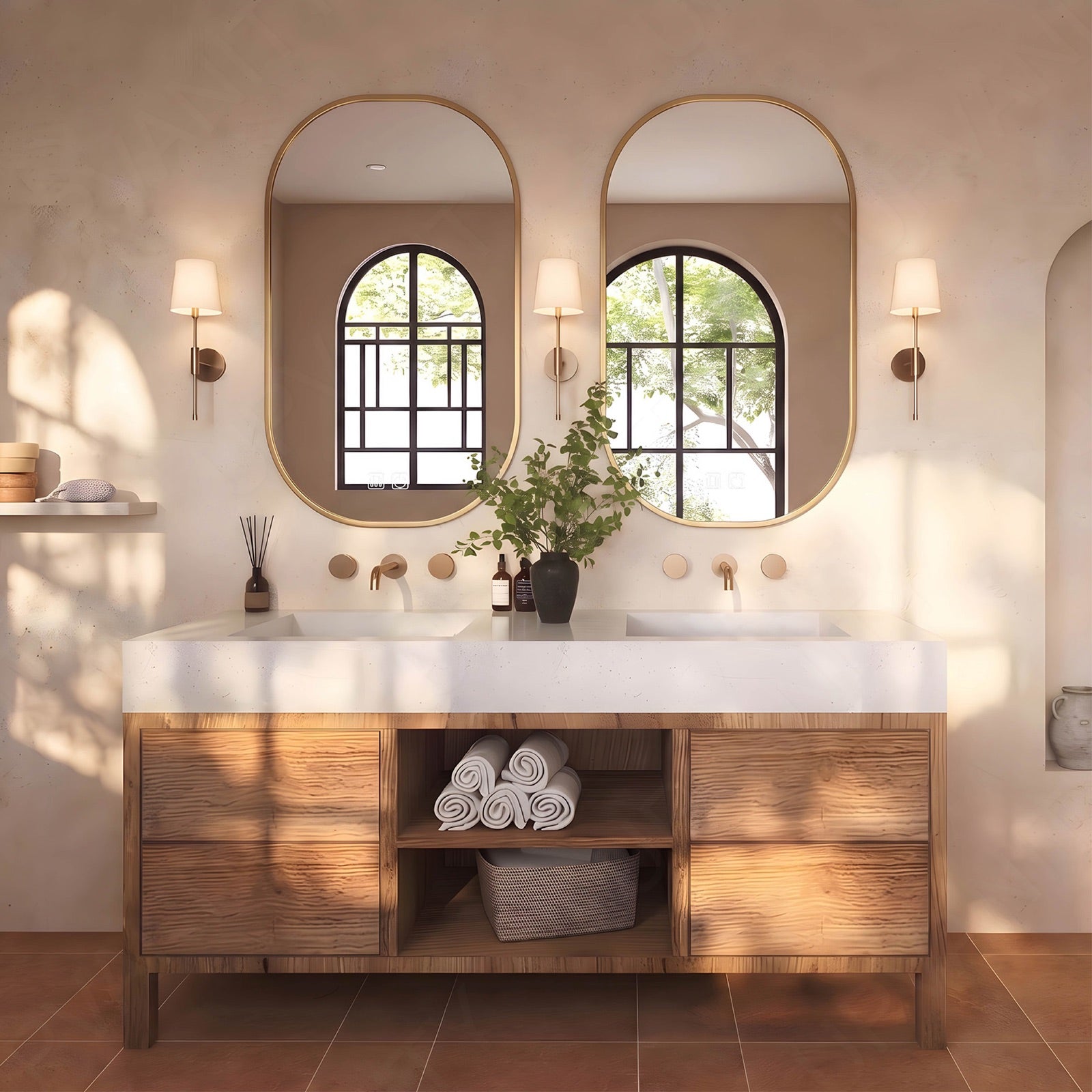 Modern Bath Vanity Set, Brown, White Slate Top, Open Storage, 56"-78", Double, Freestanding, Dual Smart LED Mirror
