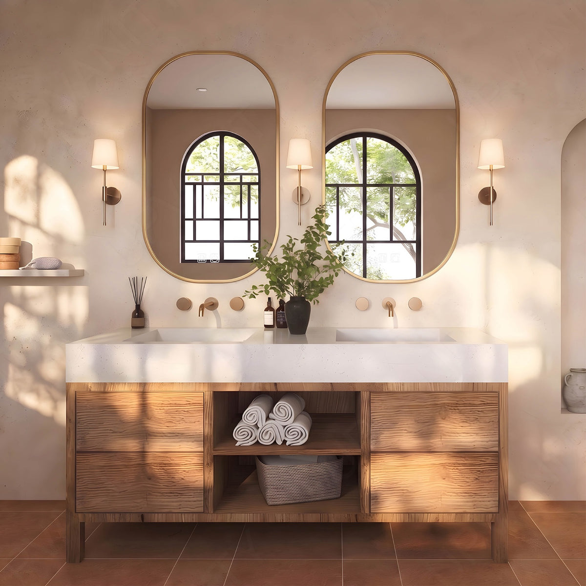 Modern Bath Vanity Set, Brown, White Slate Top, Open Storage, 56"-78", Double, Freestanding, Dual Smart LED Mirror