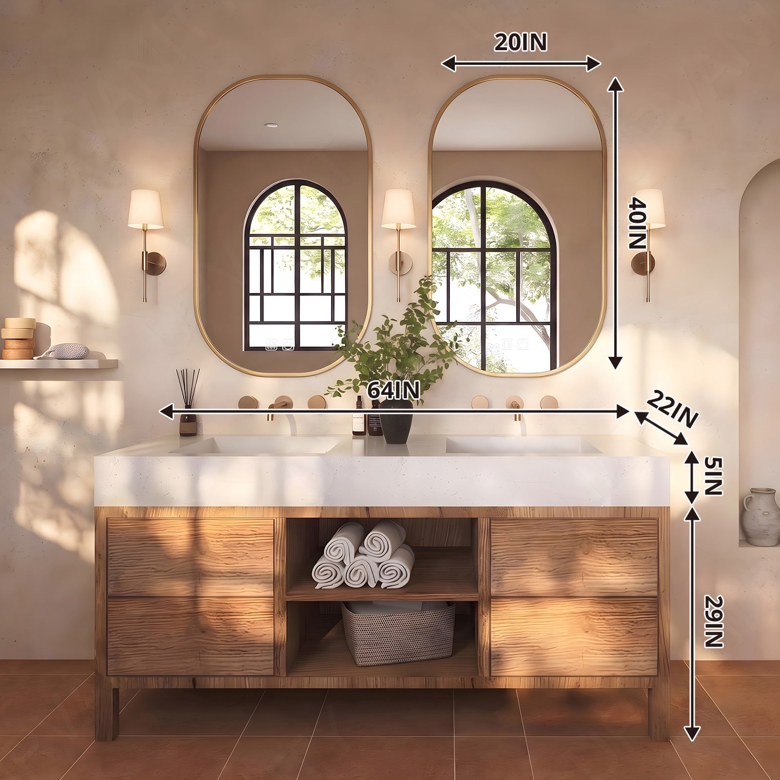Modern Bath Vanity Set, Brown, White Slate Top, Open Storage, 56"-78", Freestanding, Double, Dual Smart LED Mirror