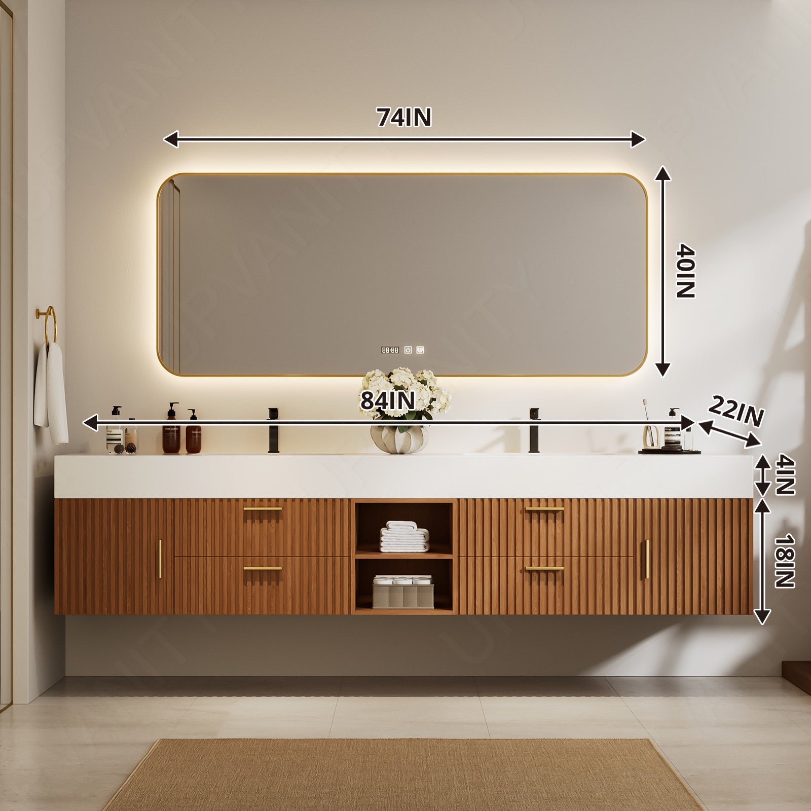 Modern Bath Vanity Set, Brown, White Slate Top, Open Storage, 72"-104", Double, Floating, Fluted Panel, Smart LED Mirror
