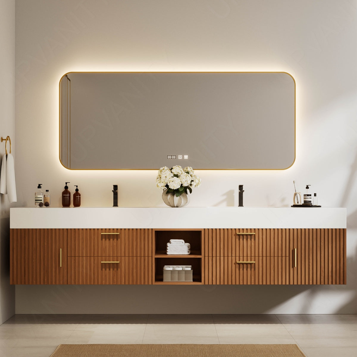 Modern Bath Vanity Set, Brown, White Slate Top, Open Storage, 72"-104", Double, Floating, Fluted Panel, Smart LED Mirror