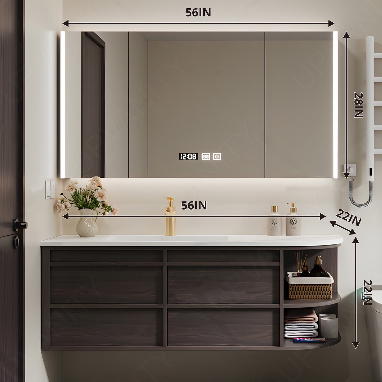 Modern Bath Vanity Set, Brown, White Slate Top, Rounded Edge, 40"-64", Single, Floating, Smart LED Mirror