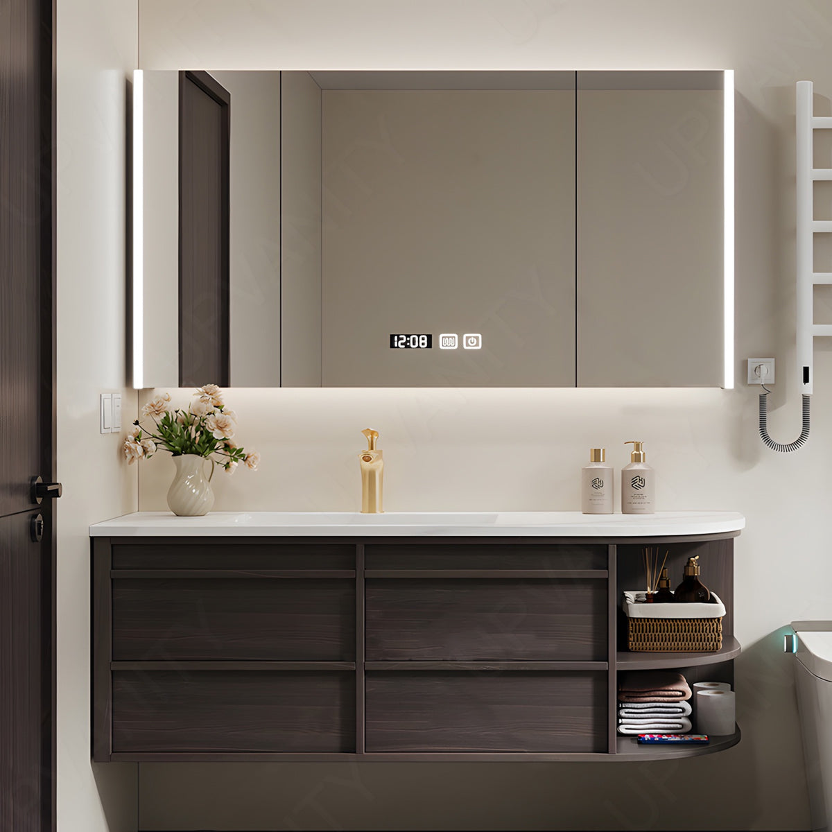 Modern Bath Vanity Set, Brown, White Slate Top, Rounded Edge, 40"-64", Single, Floating, Smart LED Mirror