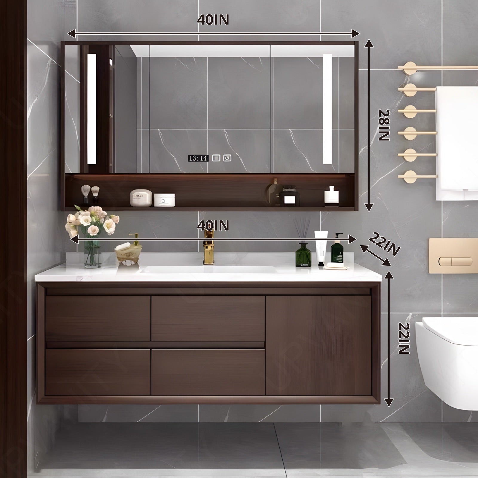 Modern Bath Vanity Set, Brown, White Slate Top, Sectional Storage, 40"-64", Single, Floating, Smart LED Mirror, Rear Cabinet