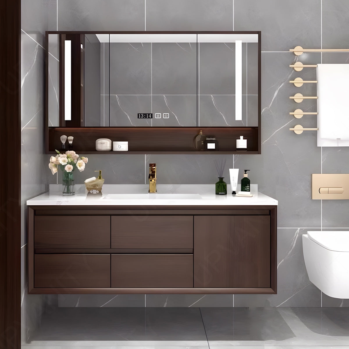 Modern Bath Vanity Set, Brown, White Slate Top, Sectional Storage, 40"-64", Single, Floating, Smart LED Mirror, Rear Cabinet