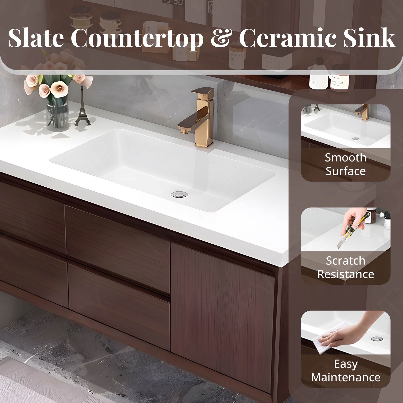 Modern Bath Vanity Set, Brown, White Slate Top, Sectional Storage, 44"-64", Single, Floating, Smart LED Mirror, Rear Cabinet