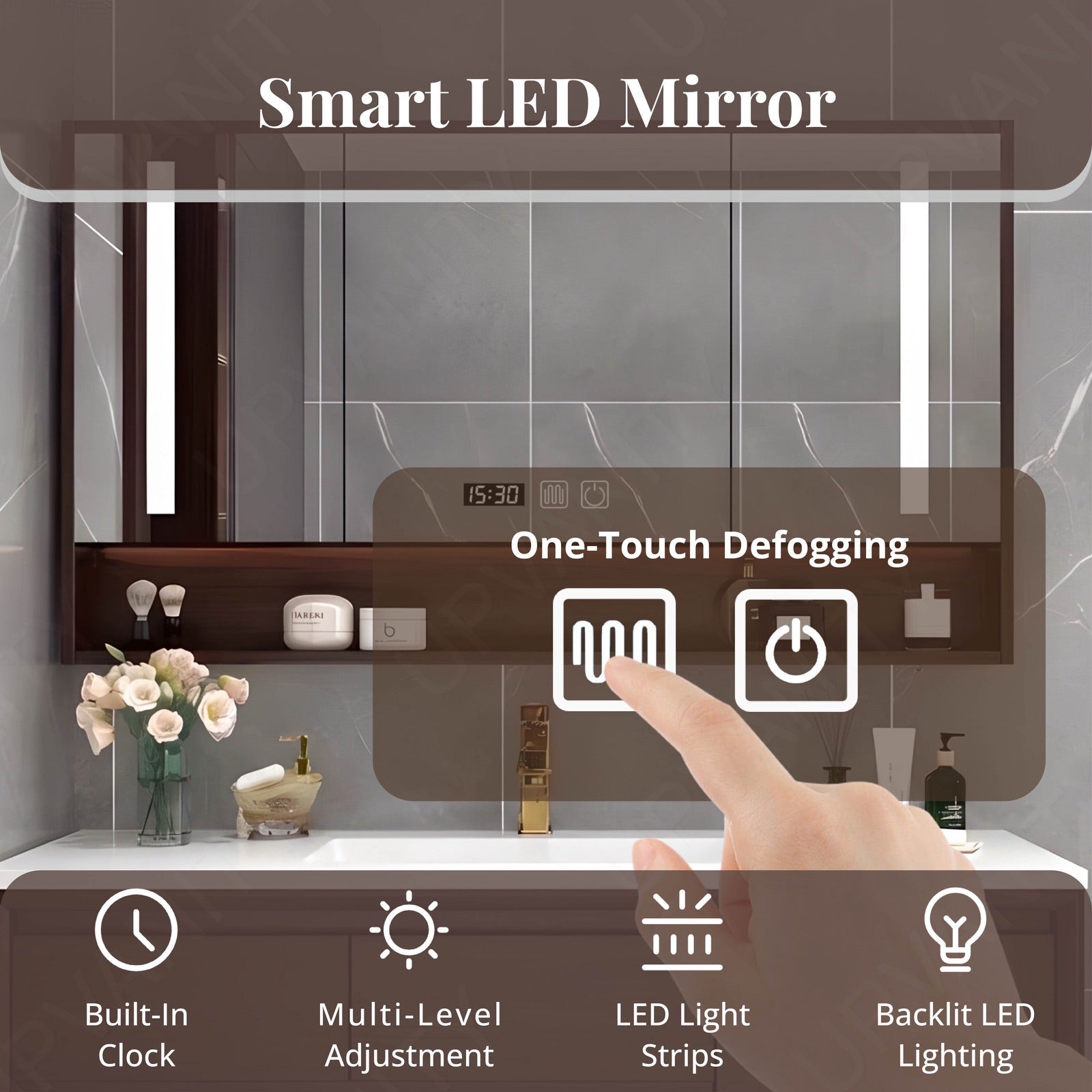 Modern Bath Vanity Set, Brown, White Slate Top, Sectional Storage, 44"-64", Single, Floating, Smart LED Mirror, Rear Cabinet