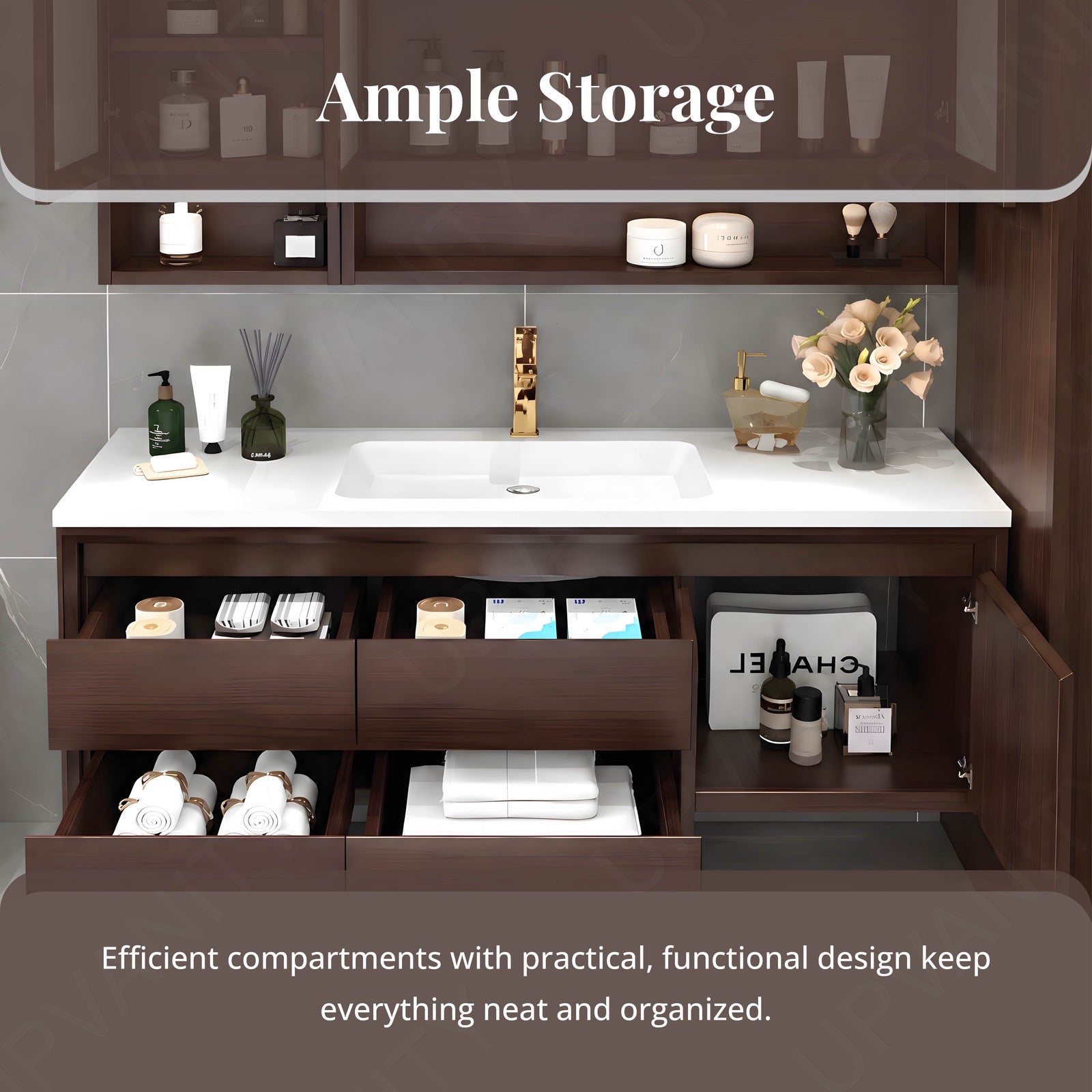 Modern Bath Vanity Set, Brown, White Slate Top, Sectional Storage, 44"-64", Single, Floating, Smart LED Mirror, Rear Cabinet