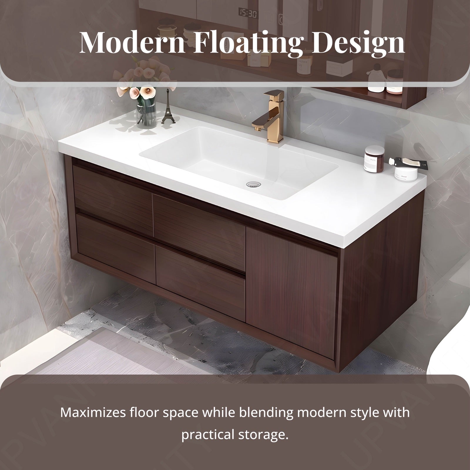 Modern Bath Vanity Set, Brown, White Slate Top, Sectional Storage, 44"-64", Single, Floating, Smart LED Mirror, Rear Cabinet