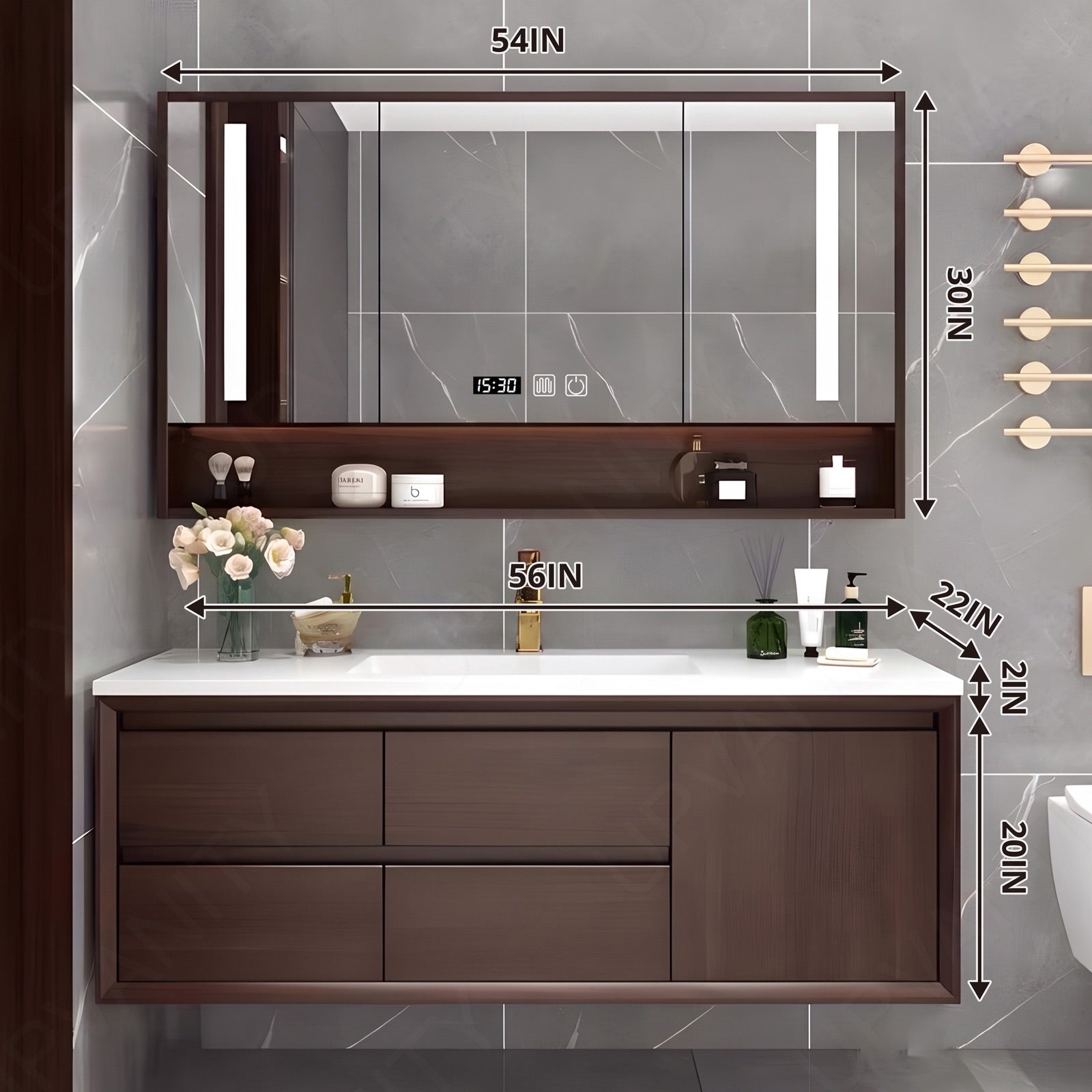 Modern Bath Vanity Set, Brown, White Slate Top, Sectional Storage, 44"-64", Single, Floating, Smart LED Mirror, Rear Cabinet